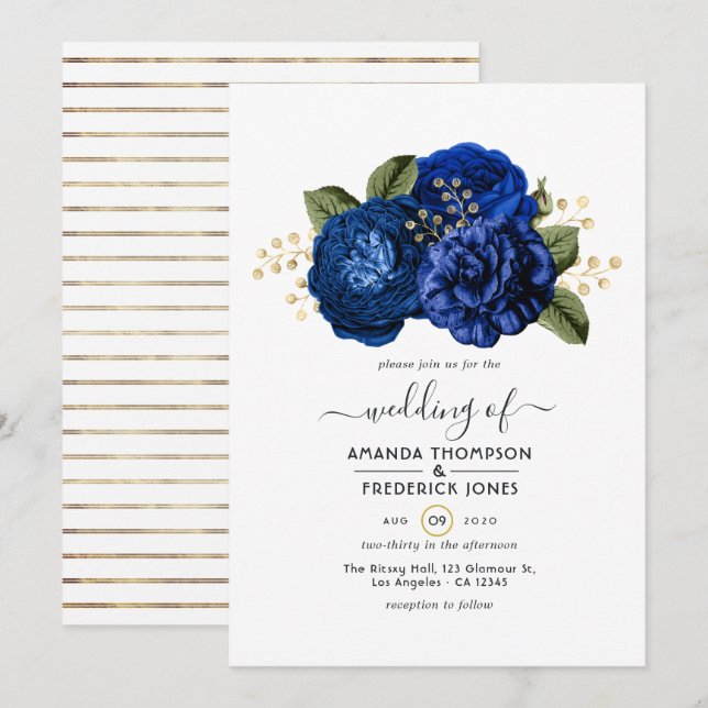 Royal Blue and Faux Foil Gold Floral Wedding Invitation (Front/Back)