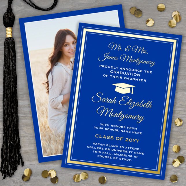 Royal Blue and Foil Photo Graduation Announcement (Creator Uploaded)