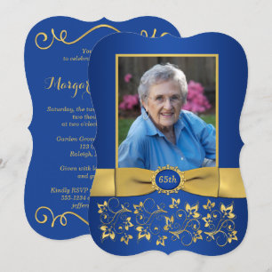 Royal Blue and Gold 65th Photo Birthday Invitation