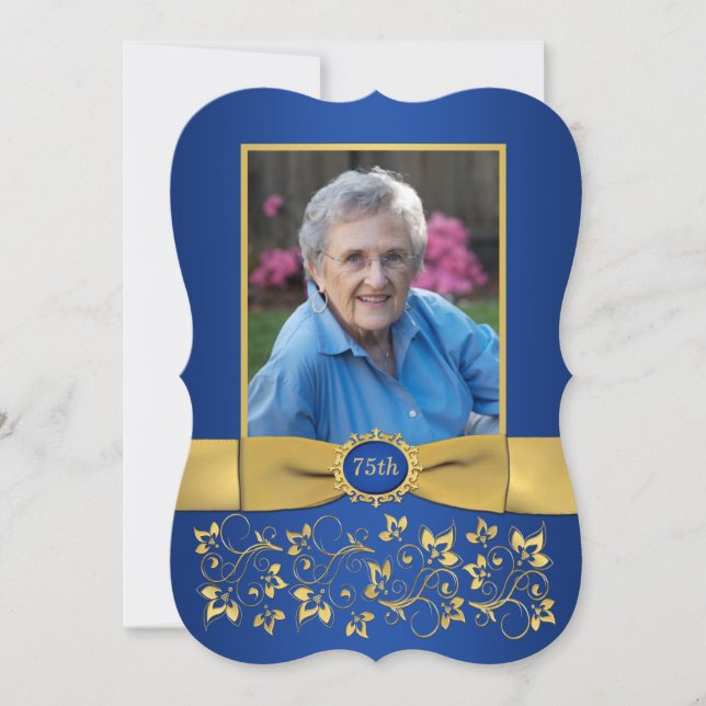 Royal Blue and Gold 75th Photo Birthday Invitation (Front)