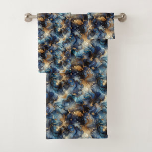 Royal Blue and Gold Alcohol Ink Marble Bath Towel Set