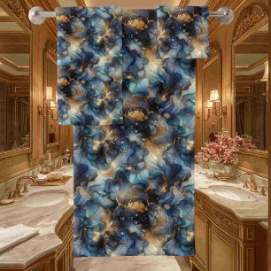Royal Blue and Gold Alcohol Ink Marble Bath Towel Set