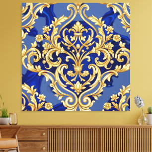 Royal Blue and Gold Baroque Damask Pattern  Canvas Print