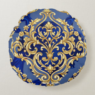 Royal Blue and Gold Baroque Damask Pattern Round Cushion
