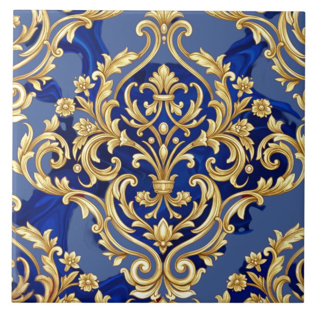 Royal Blue and Gold Baroque Damask Pattern  Tile (Front)