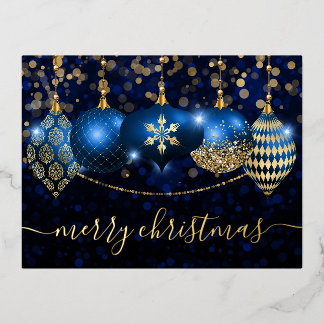 Royal Blue and Gold Baubles Christmas Foil Holiday Postcard (Front)