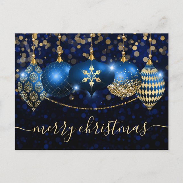 Royal Blue and Gold Baubles Christmas Holiday Postcard (Front)