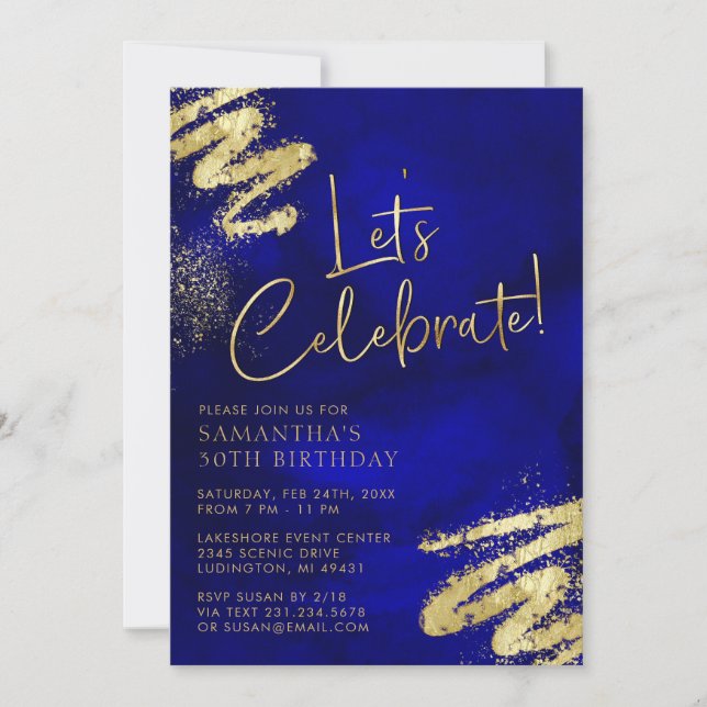 Royal Blue and Gold Birthday Invitation (Front)