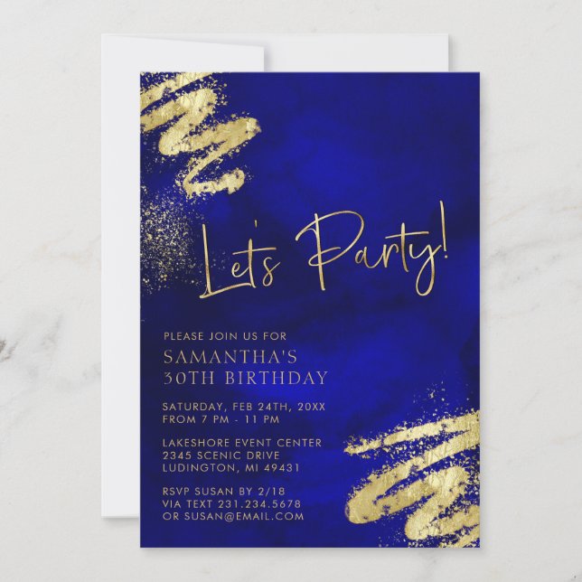 Royal Blue and Gold Birthday Invitation (Front)