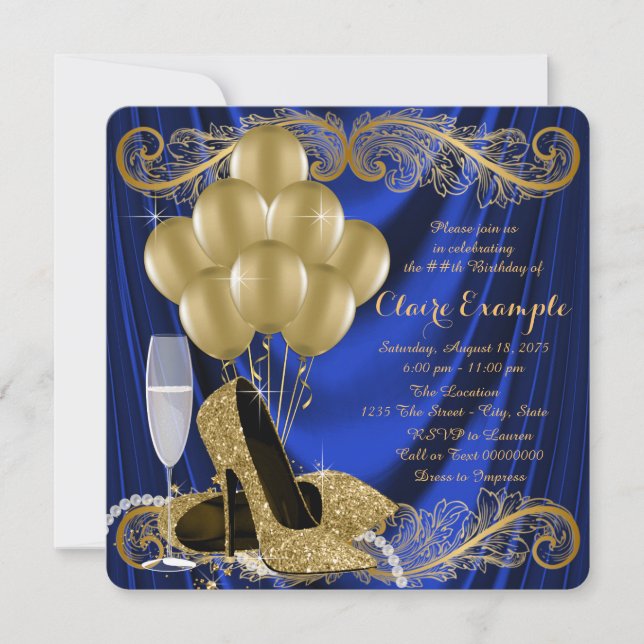 Royal Blue and Gold Birthday Party Satin Glam Invitation (Front)