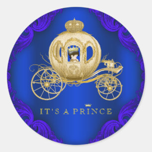 Royal Blue and Gold Carriage Prince Baby Shower Classic Round Sticker
