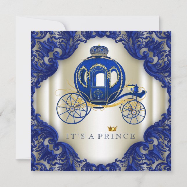 Royal Blue and Gold Carriage Prince Baby Shower Invitation (Front)
