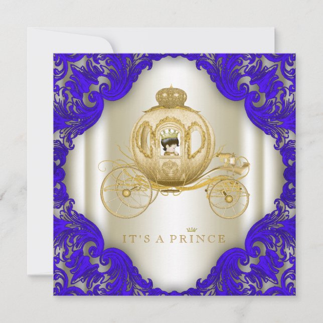 Royal Blue and Gold Carriage Prince Baby Shower Invitation (Front)