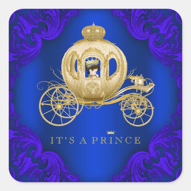 Royal Blue and Gold Carriage Prince Baby Shower Square Sticker (Front)