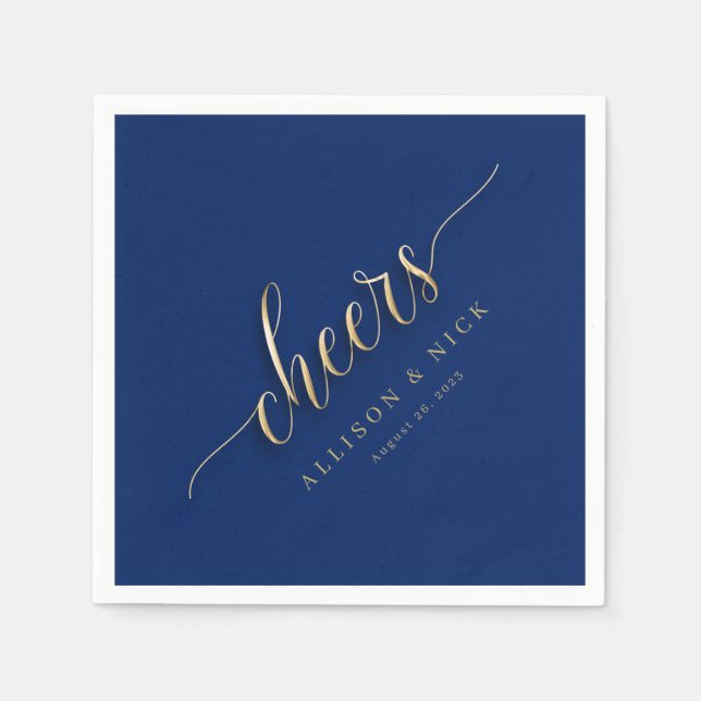 Royal Blue and Gold Cheers Wedding Napkins (Front)