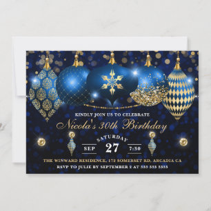 Royal Blue and Gold Christmas Baubles Birthday Invitation