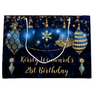 Royal Blue and Gold Christmas Baubles Birthday Large Gift Bag