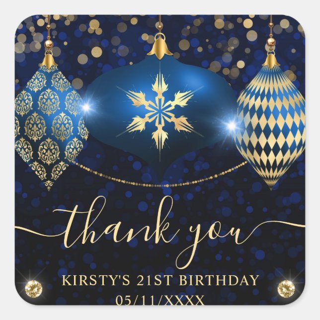 Royal Blue and Gold Christmas Baubles Birthday Square Sticker (Front)