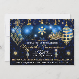 Royal Blue and Gold Christmas Baubles Quinceañera Invitation
