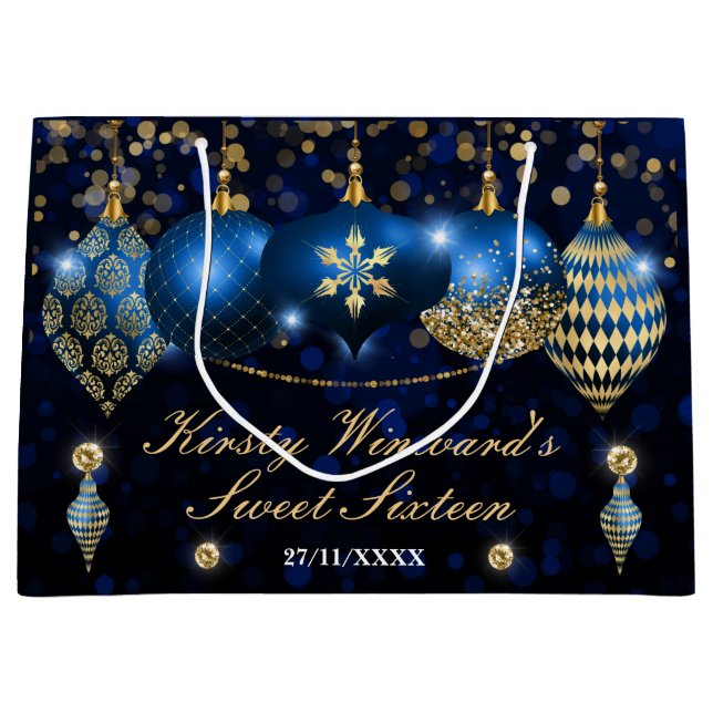 Royal Blue and Gold Christmas Baubles Sweet 16 Large Gift Bag (Front)