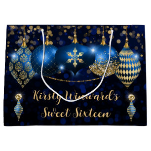 Royal Blue and Gold Christmas Baubles Sweet 16 Large Gift Bag