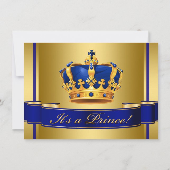 Royal Blue and Gold Crown Prince Baby Shower Invitation (Front)