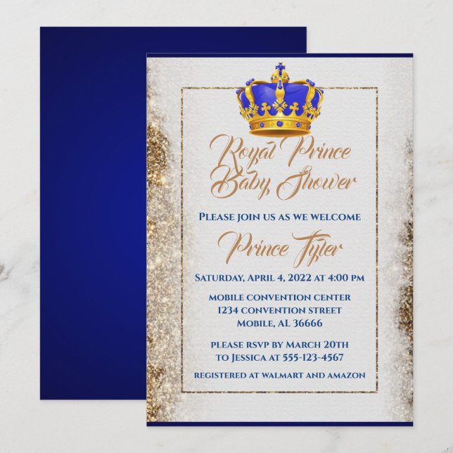 Royal Blue and Gold Crown Prince Baby Shower Invitation (Front/Back)