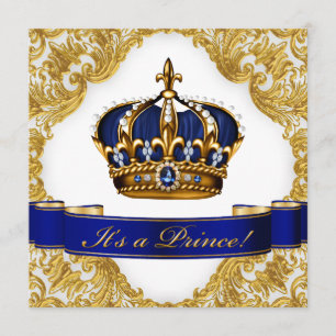 Royal Blue and Gold Crown Prince Baby Shower Invitation