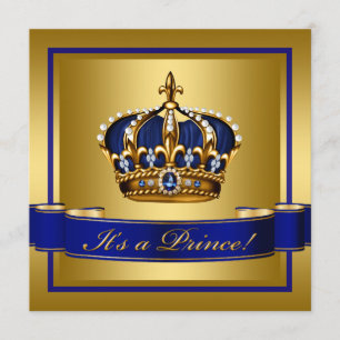 Royal Blue and Gold Crown Prince Baby Shower Invitation