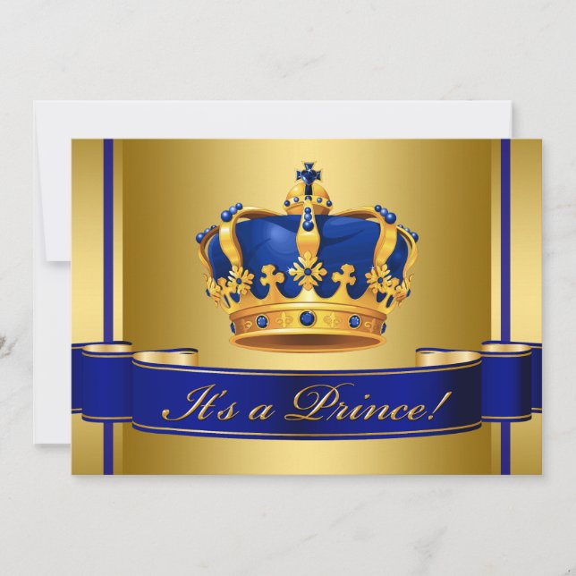 Royal Blue and Gold Crown Prince Baby Shower Invitation (Front)