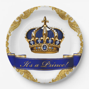 Royal Blue and Gold Crown Prince Baby Shower Paper Plate