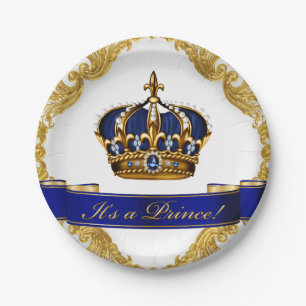 Royal Blue and Gold Crown Prince Baby Shower Paper Plate