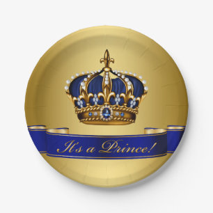 Royal Blue and Gold Crown Prince Baby Shower Paper Plate