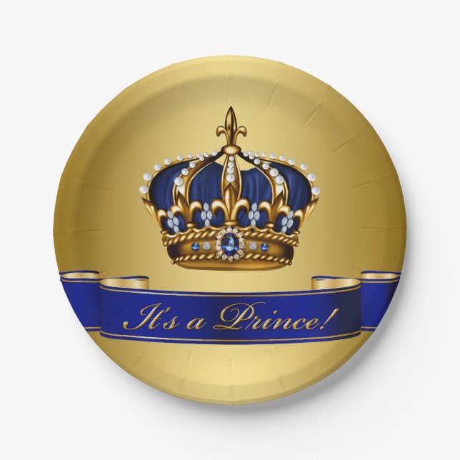 Royal Blue and Gold Crown Prince Baby Shower Paper Plate (Front)