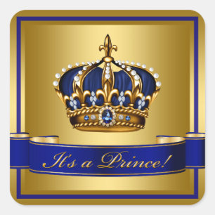 Royal Blue and Gold Crown Prince Baby Shower Square Sticker