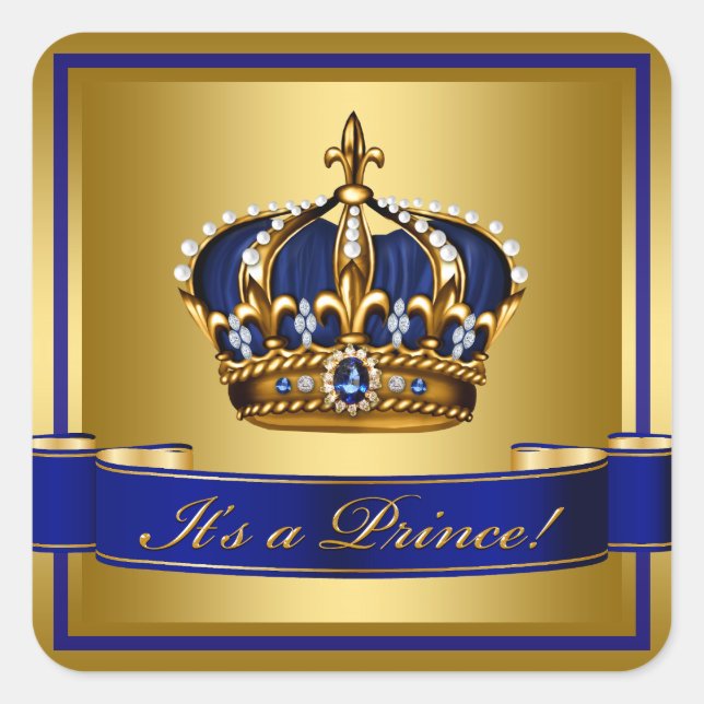 Royal Blue and Gold Crown Prince Baby Shower Square Sticker (Front)