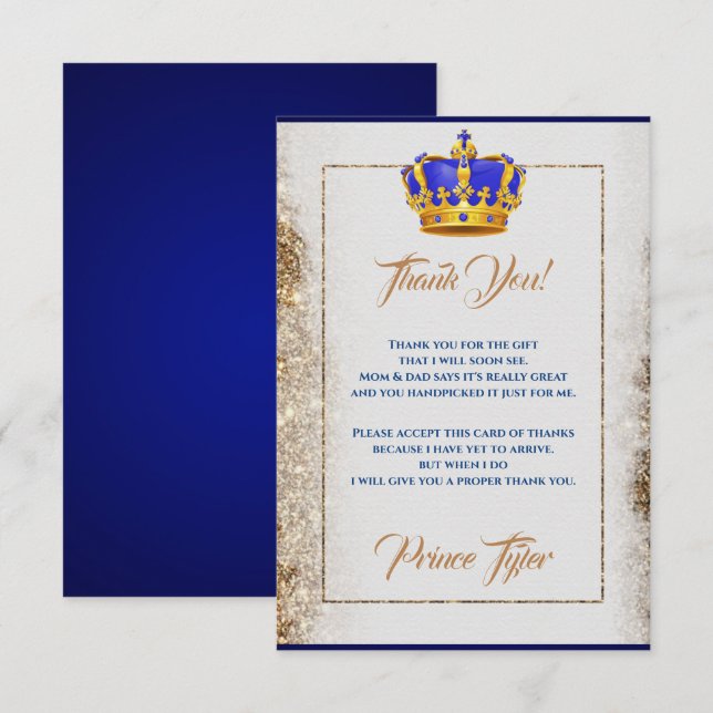 Royal Blue and Gold Crown Prince Baby Shower Thank You Card (Front/Back)