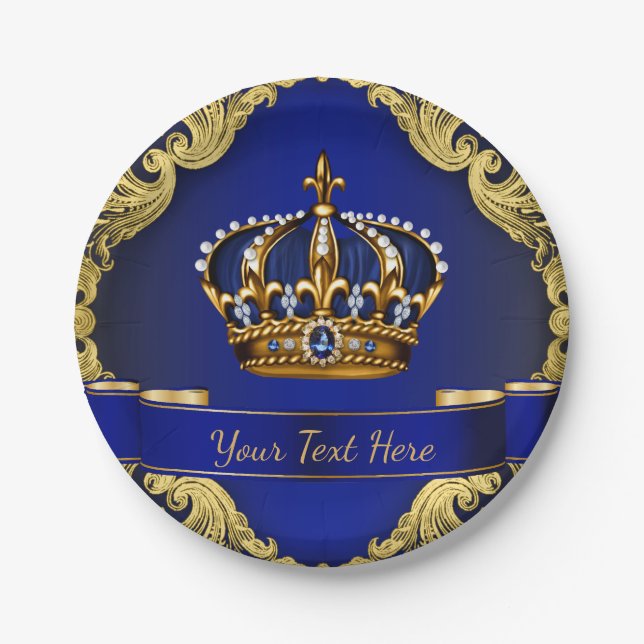 Royal Blue and Gold Crown Prince Paper Plate (Front)