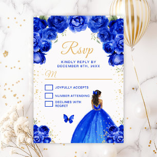 Royal Blue and Gold Dark Skin Princess RSVP Card