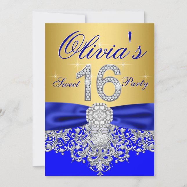 Royal Blue and Gold Diamond Sweet 16 Party Invitation (Front)