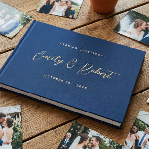 Royal Blue and Gold Elegant Script Wedding Photo Guest Book