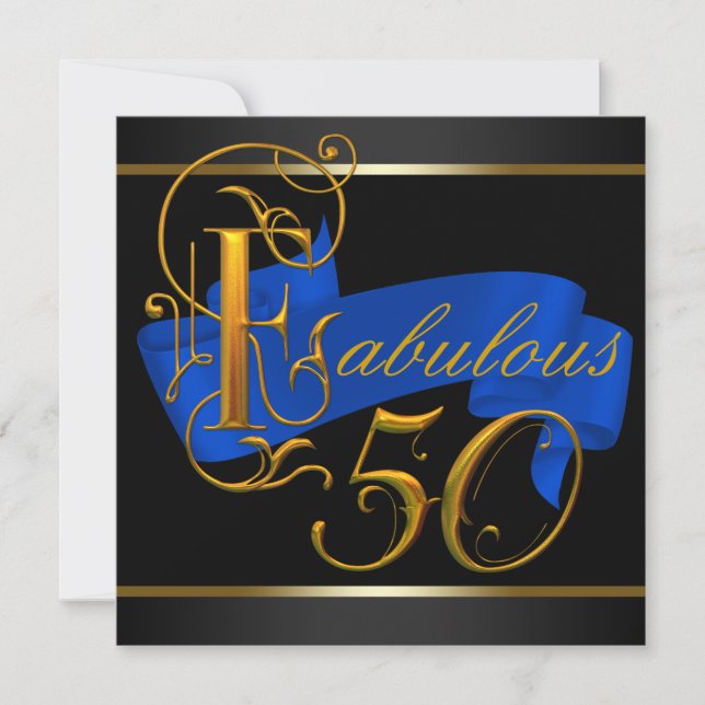 Royal Blue and Gold Fabulous 50th Birthday Party Invitation (Front)
