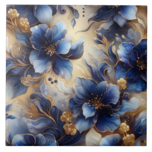 Royal Blue and Gold Floral Alcohol Ink Tile
