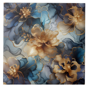 Royal Blue and Gold Floral Alcohol Ink Tile