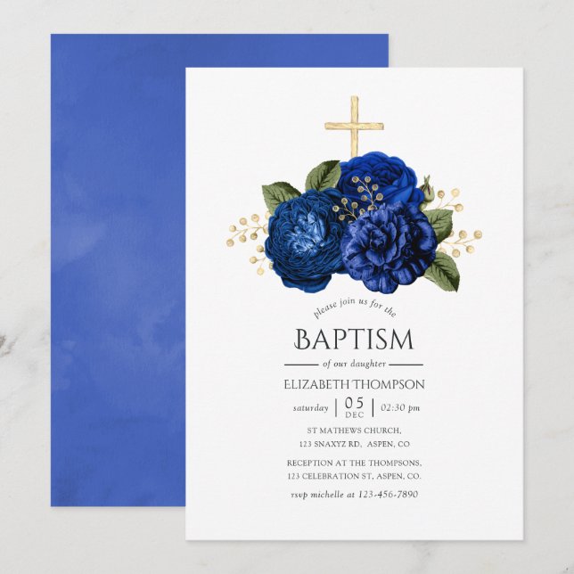 Royal Blue and Gold Floral Baptism Invitation (Front/Back)