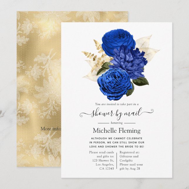 Royal Blue and Gold Floral Bridal Shower by Mail Invitation (Front/Back)