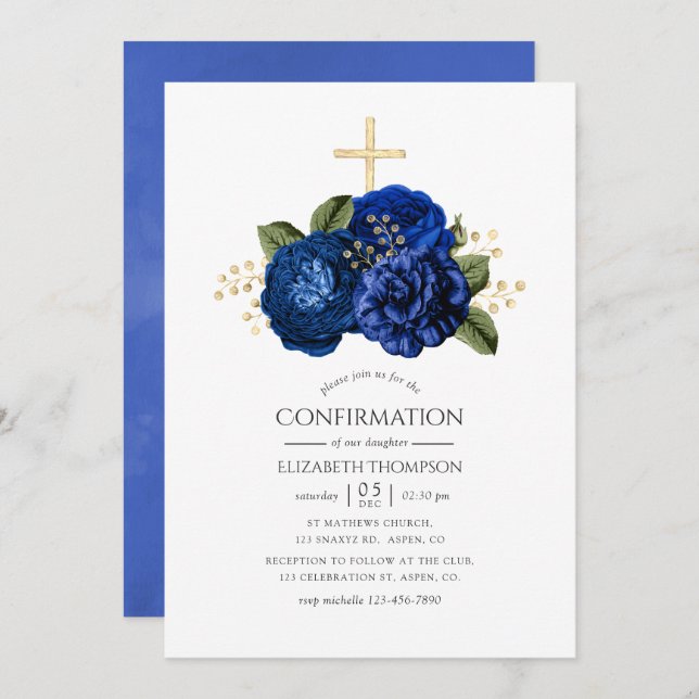 Royal Blue and Gold Floral Confirmation Invitation (Front/Back)