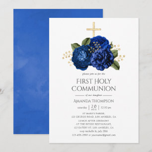 Royal Blue and Gold Floral First Holy Communion Invitation