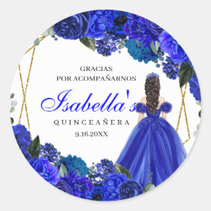 Royal Blue and Gold Floral Quinceanera Classic Round Sticker
