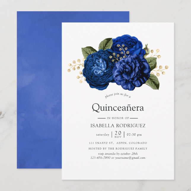 Royal Blue and Gold Floral Quinceañera Invitation (Front/Back)